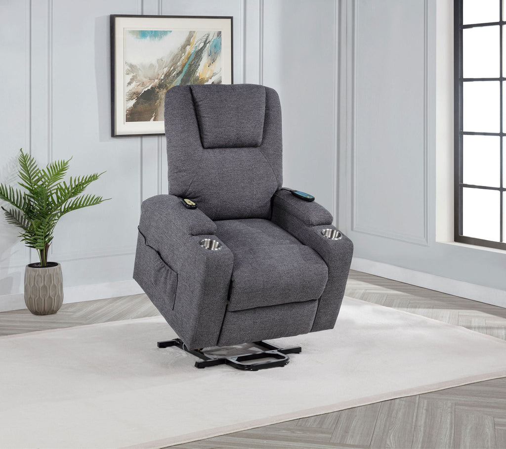 Grey upholstered power lift massage chair reclined with headrest and arm controls