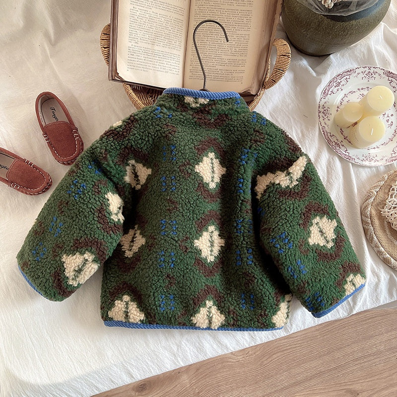 Boys thick quilted plush top, green patterned sherpa with blue hem and high collar