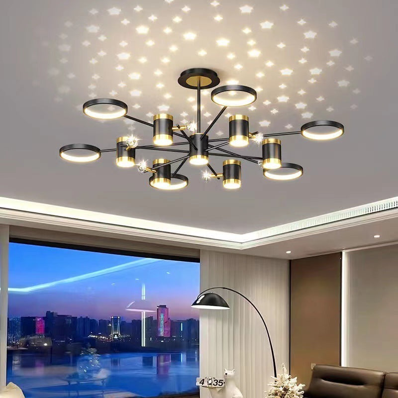 Black and gold 13-light star ceiling chandelier with circular ceiling mount and arms