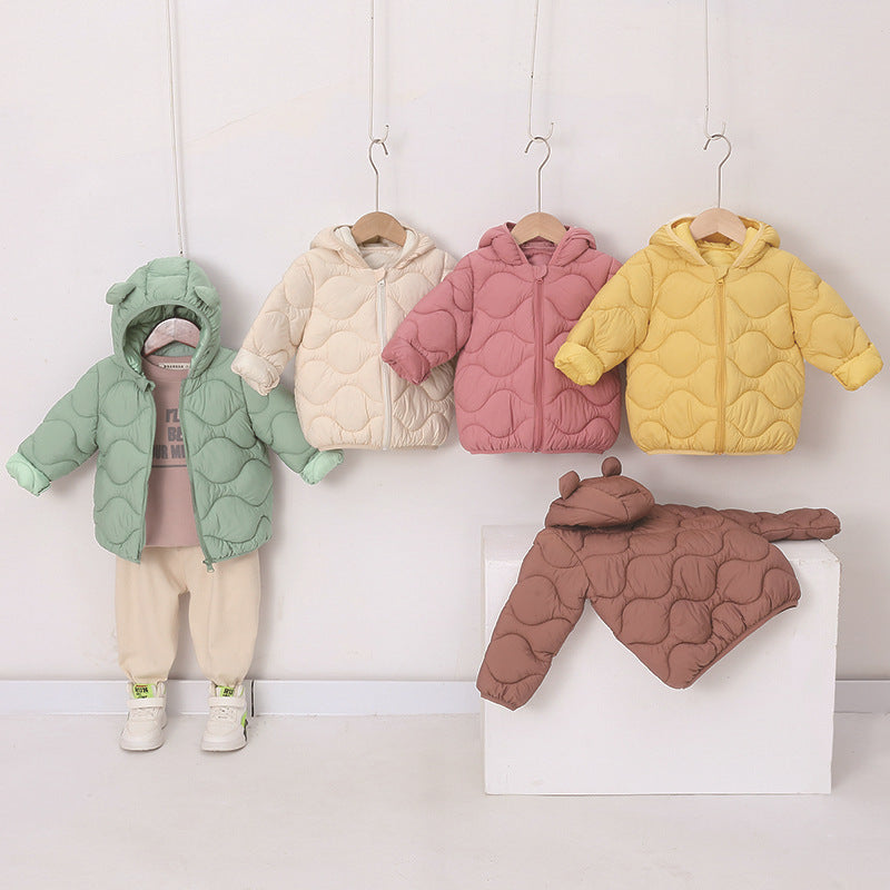 Set of baby hooded padded jackets in beige, pink, yellow, brown, and green