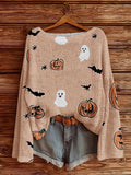 Pale blush Halloween boat-neck sweater with ghost, pumpkin, and bat graphic prints