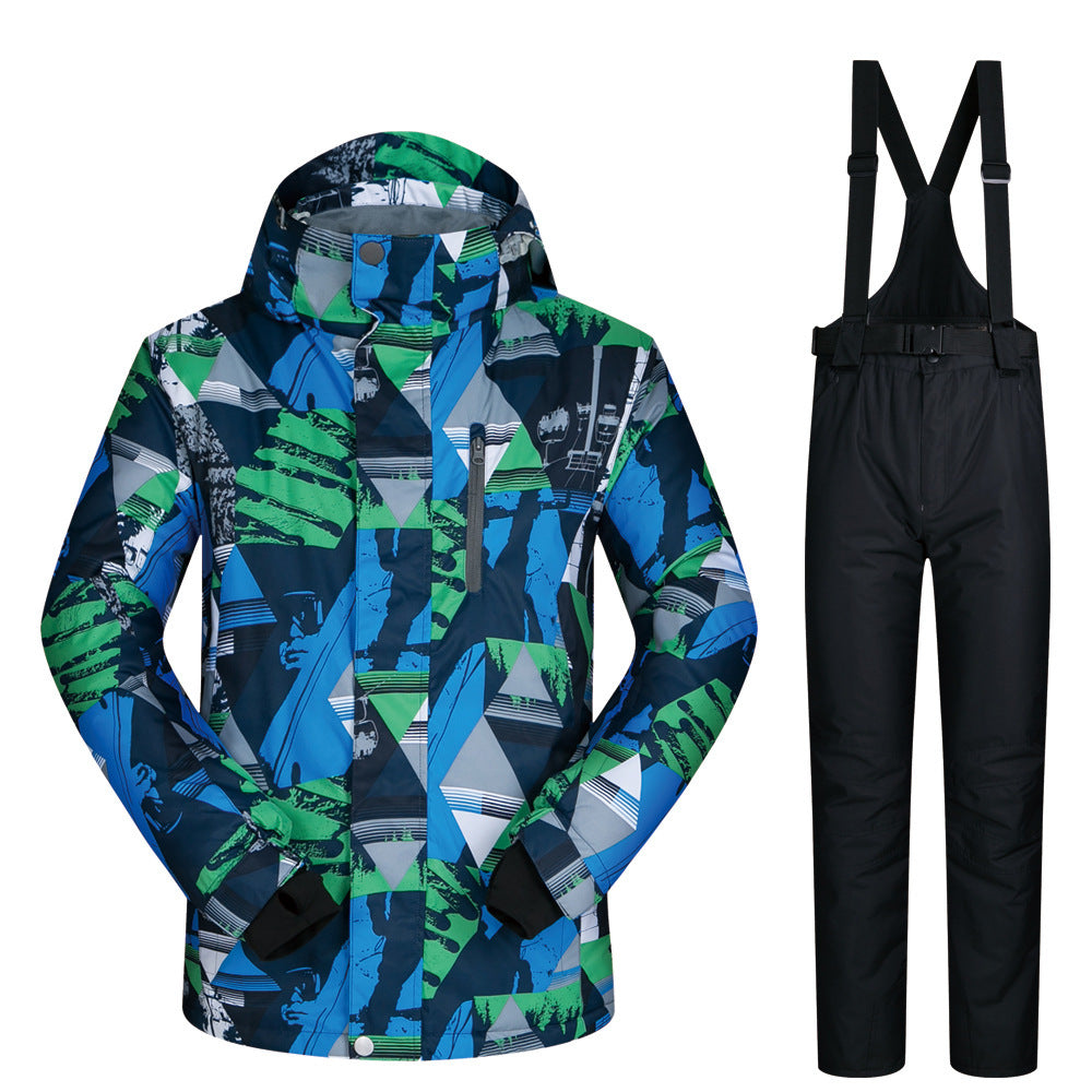 Men's hooded ski jacket and black bib pants, blue-green geometric winter pattern.