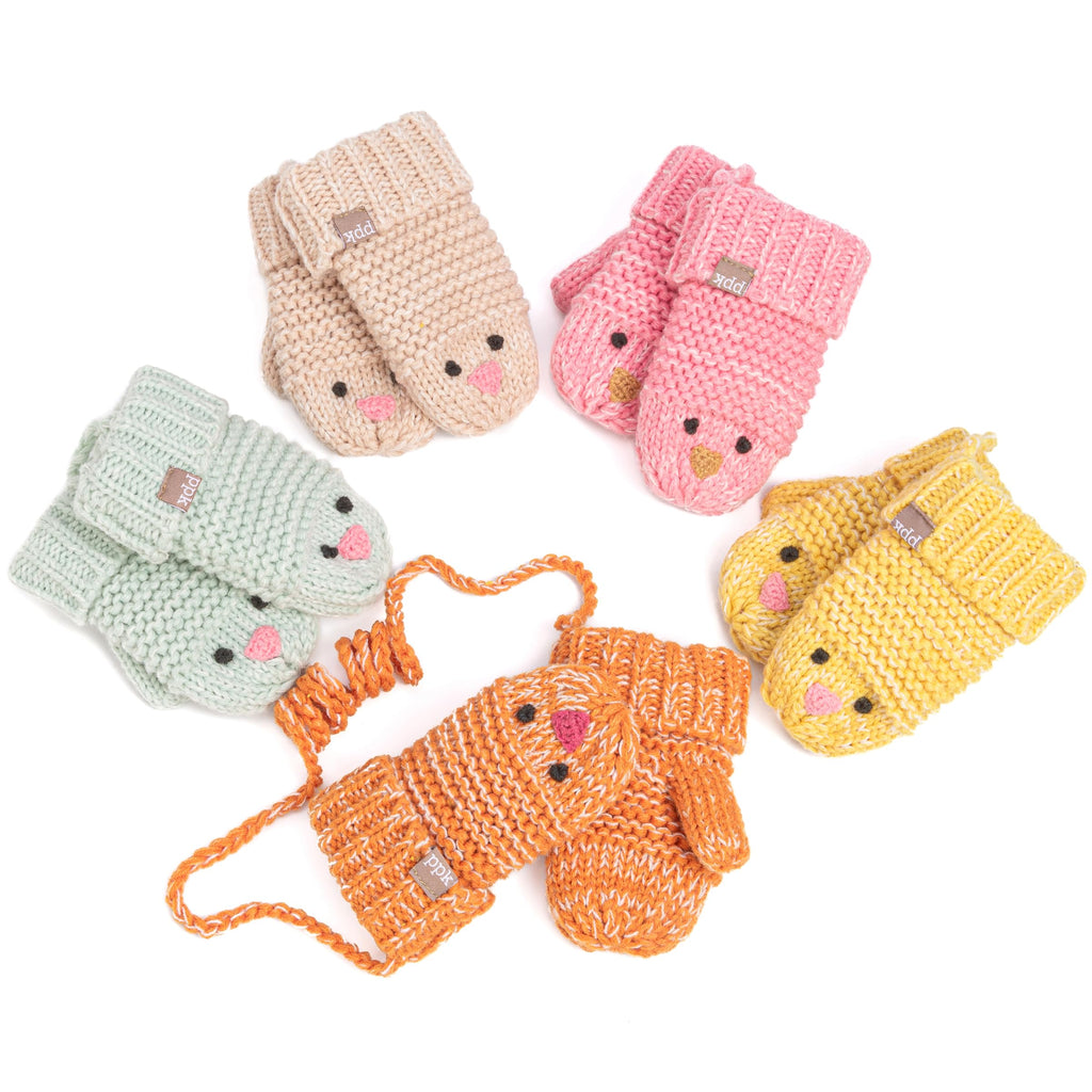 Assorted knit chick mittens with cords in yellow, orange, pink, mint, and taupe colors.