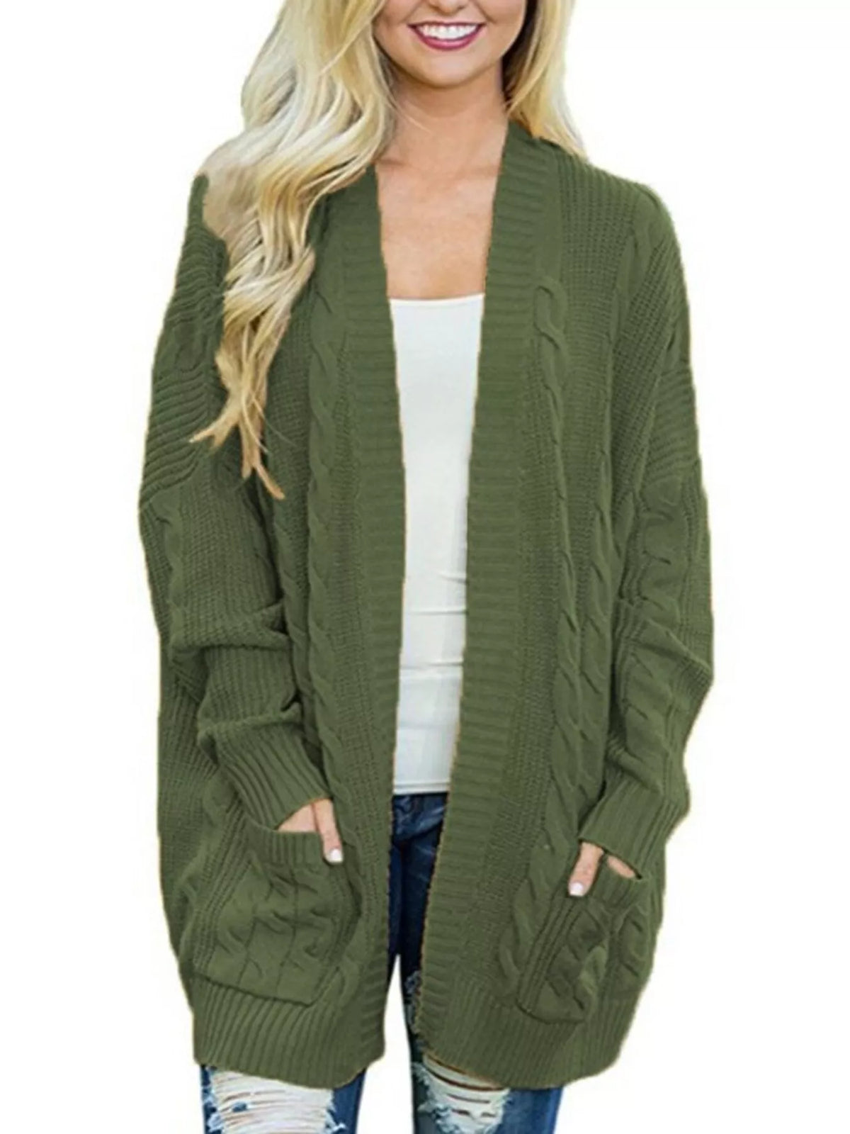 Green chunky knit open-front cardigan with textured cable knit and patch pockets