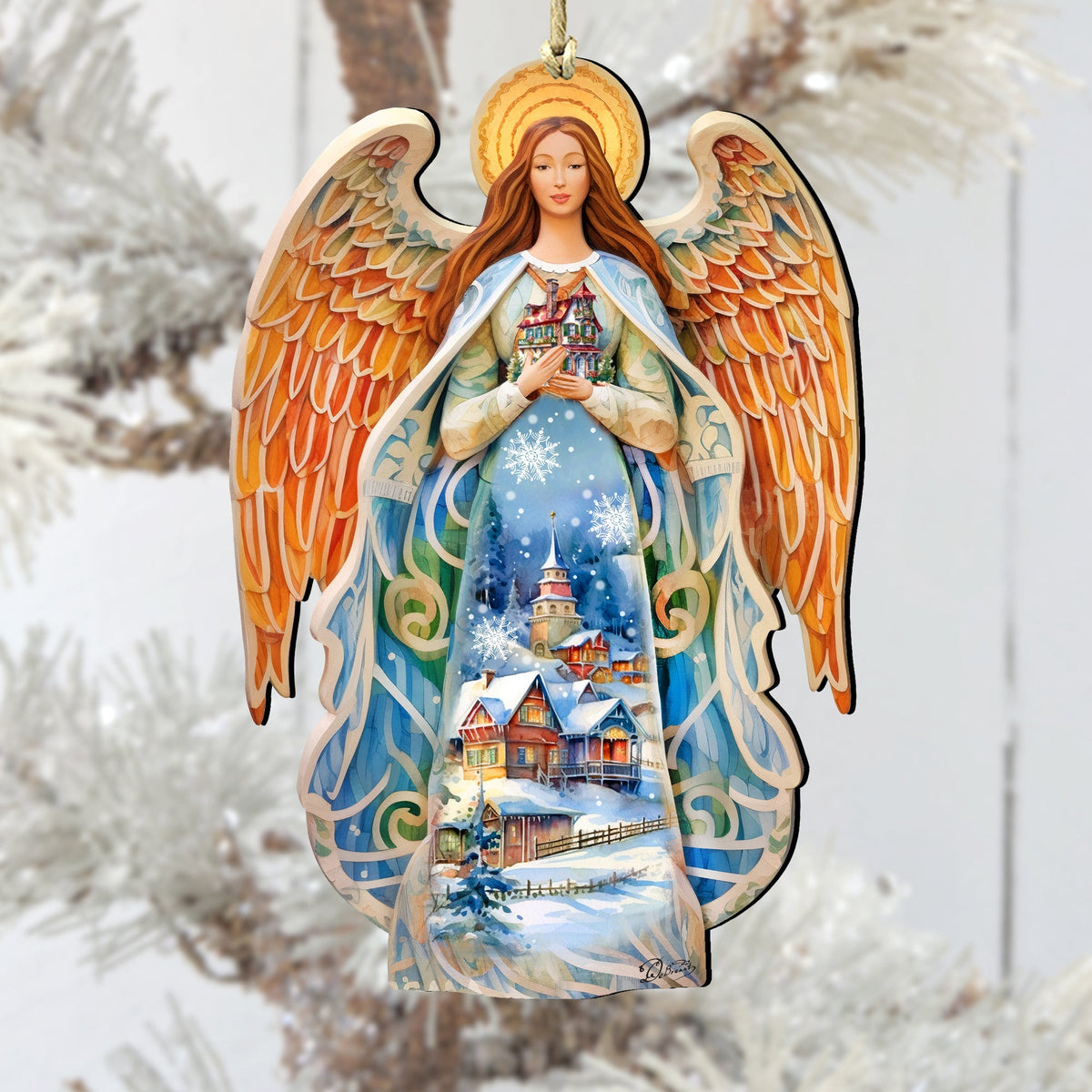 Wooden angel ornament hanging with gold loop, blue dress and orange wings
