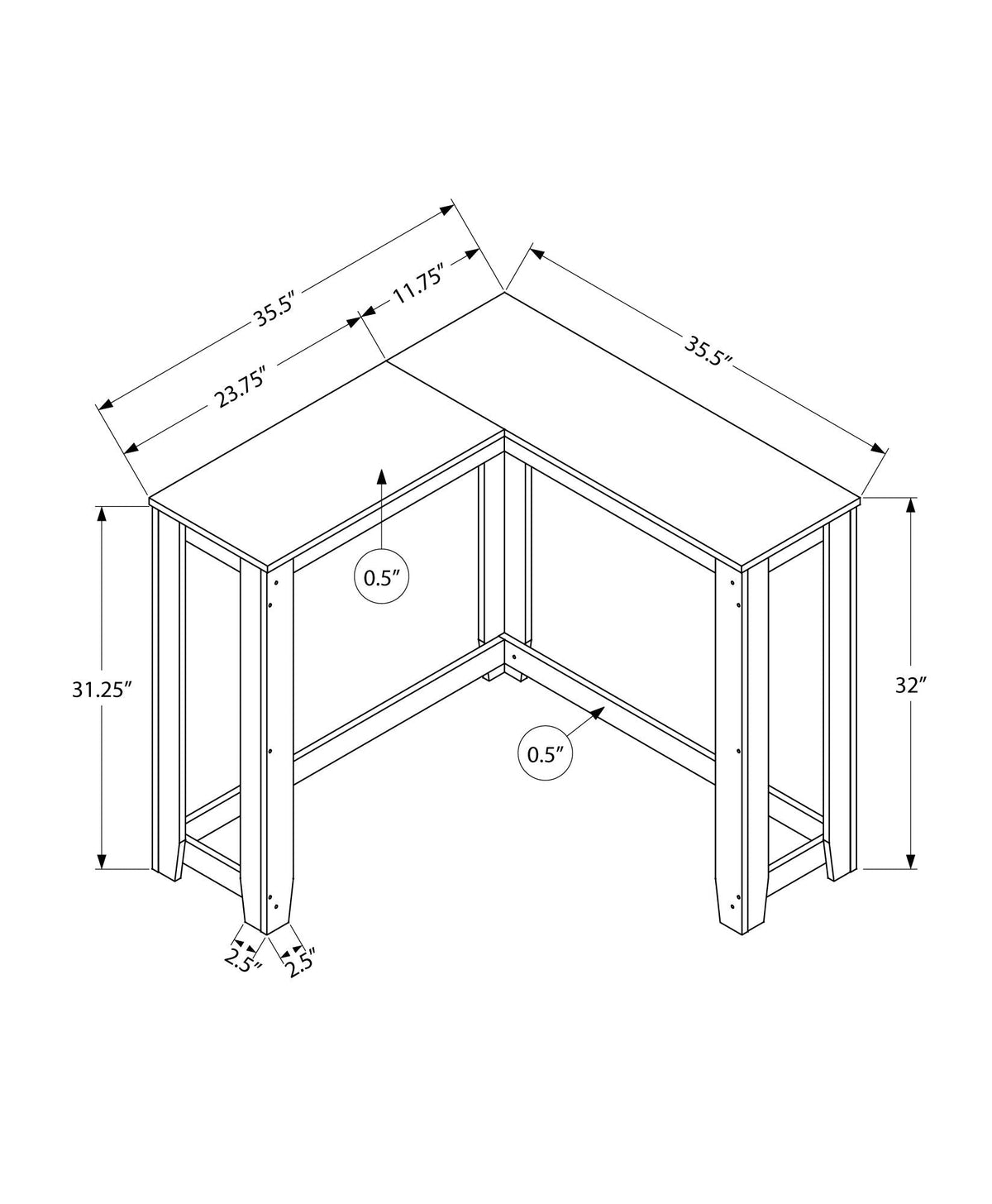 Corner accent console table with open angled design and x-style support panels, dark gray.
