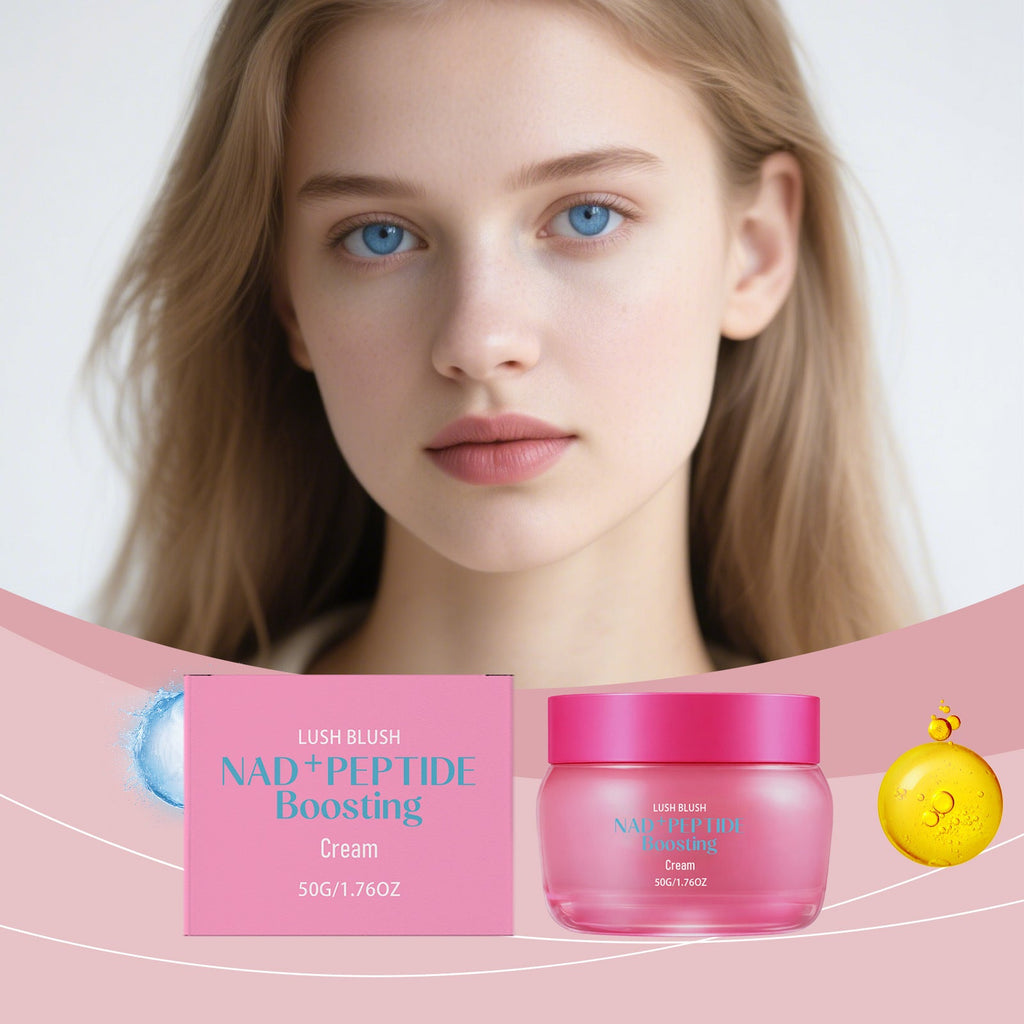 Two facial cream jars with model portrait, pink containers