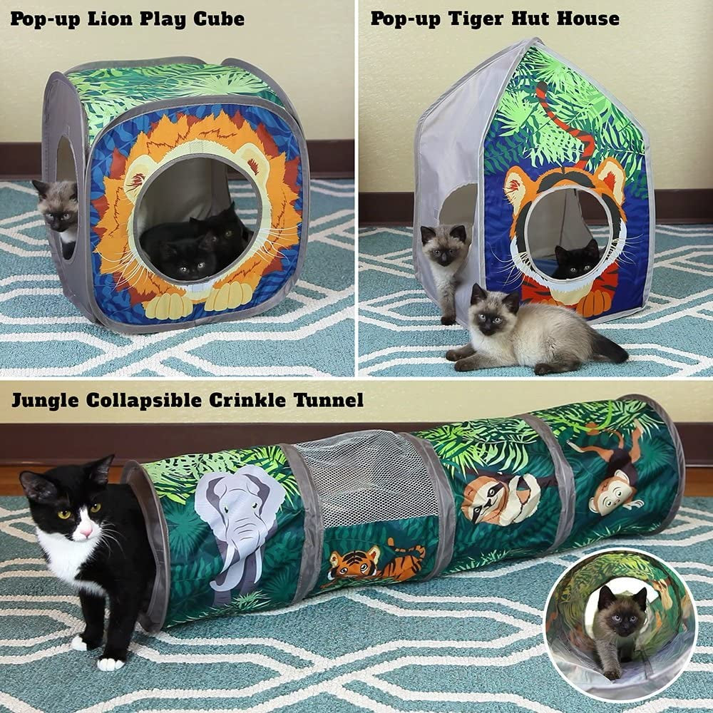 Jungle Cat Cube Combo showing the lion cube, tiger hut, and collapsible tunnel