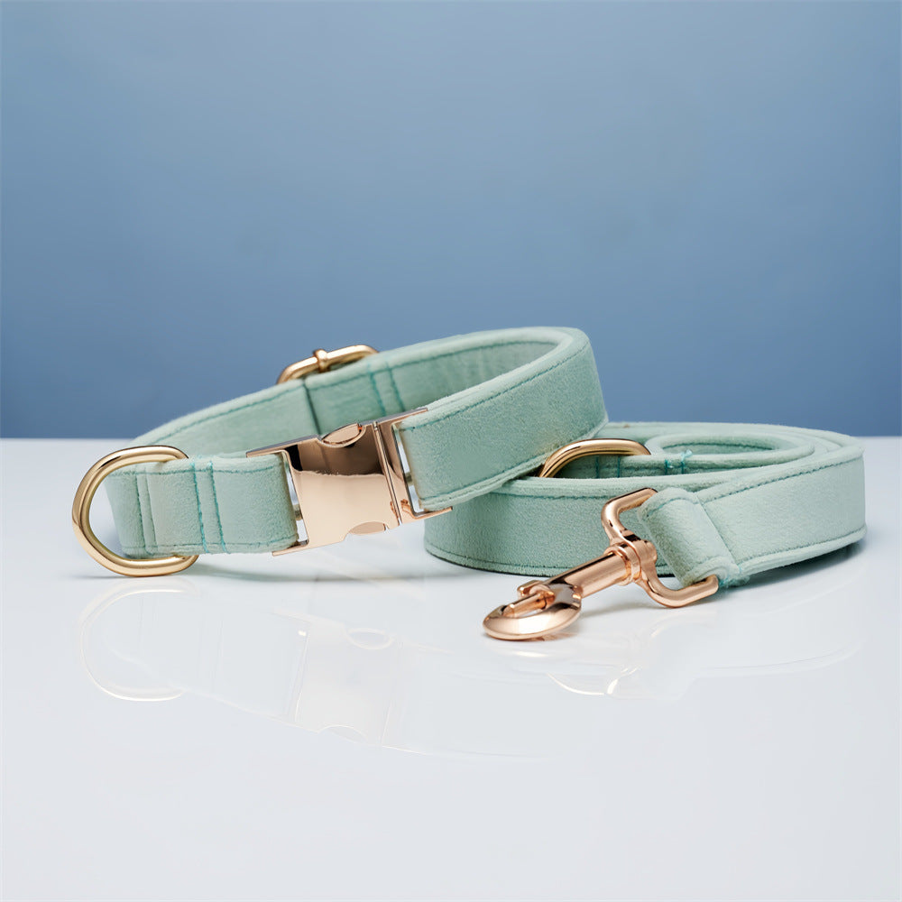 Light teal velvet dog collar and matching leash set with gold-tone hardware