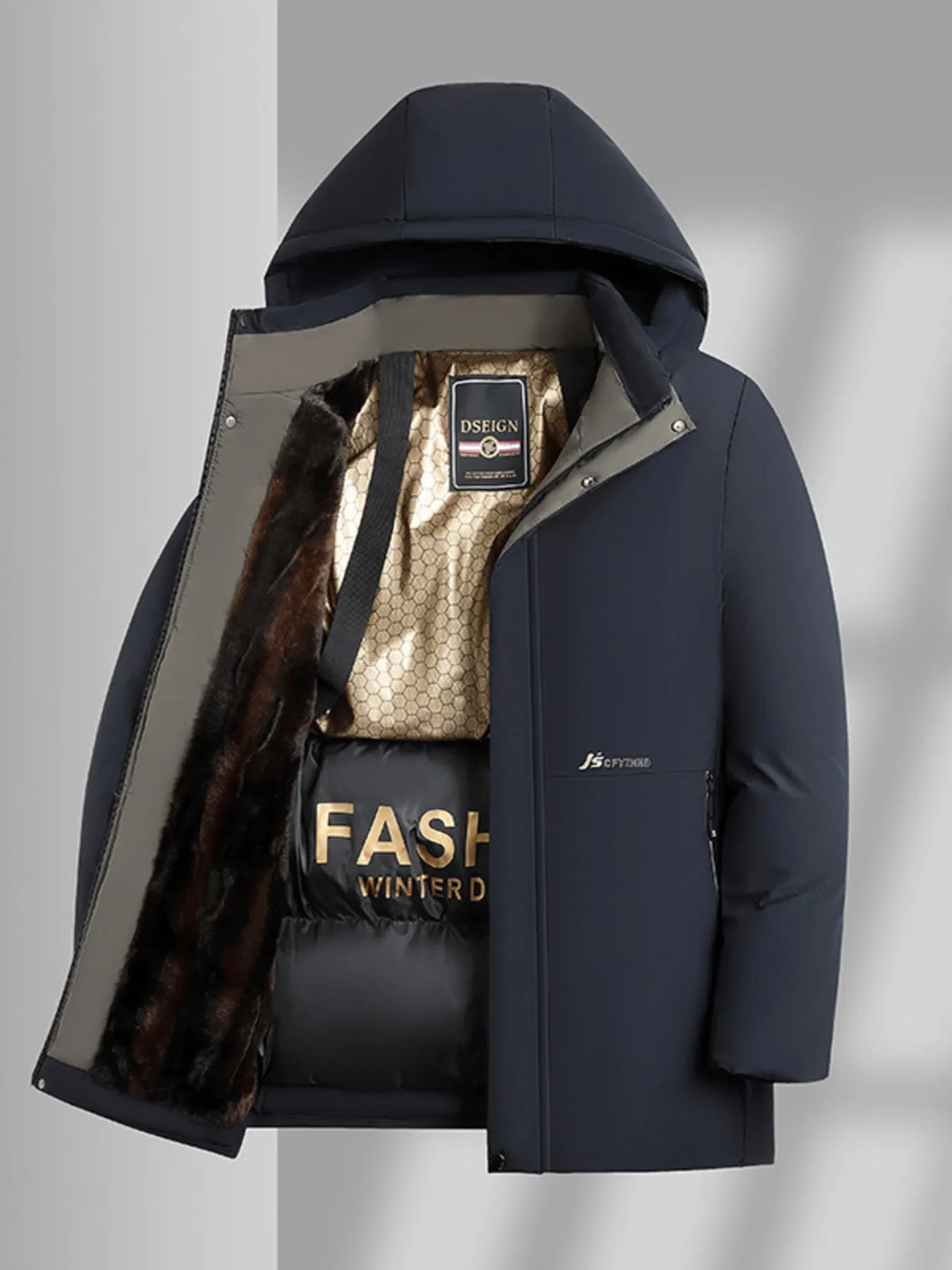 Navy coat with hood open, showing warm thermal lining and inner faux-fur panels