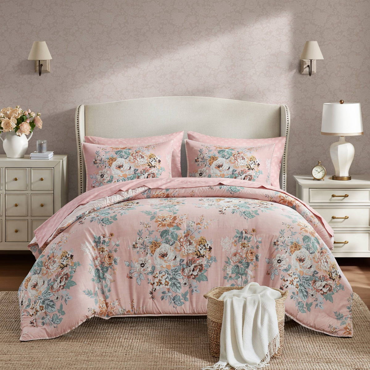 Multicolor floral bedding set with pink comforter and matching pillow shams