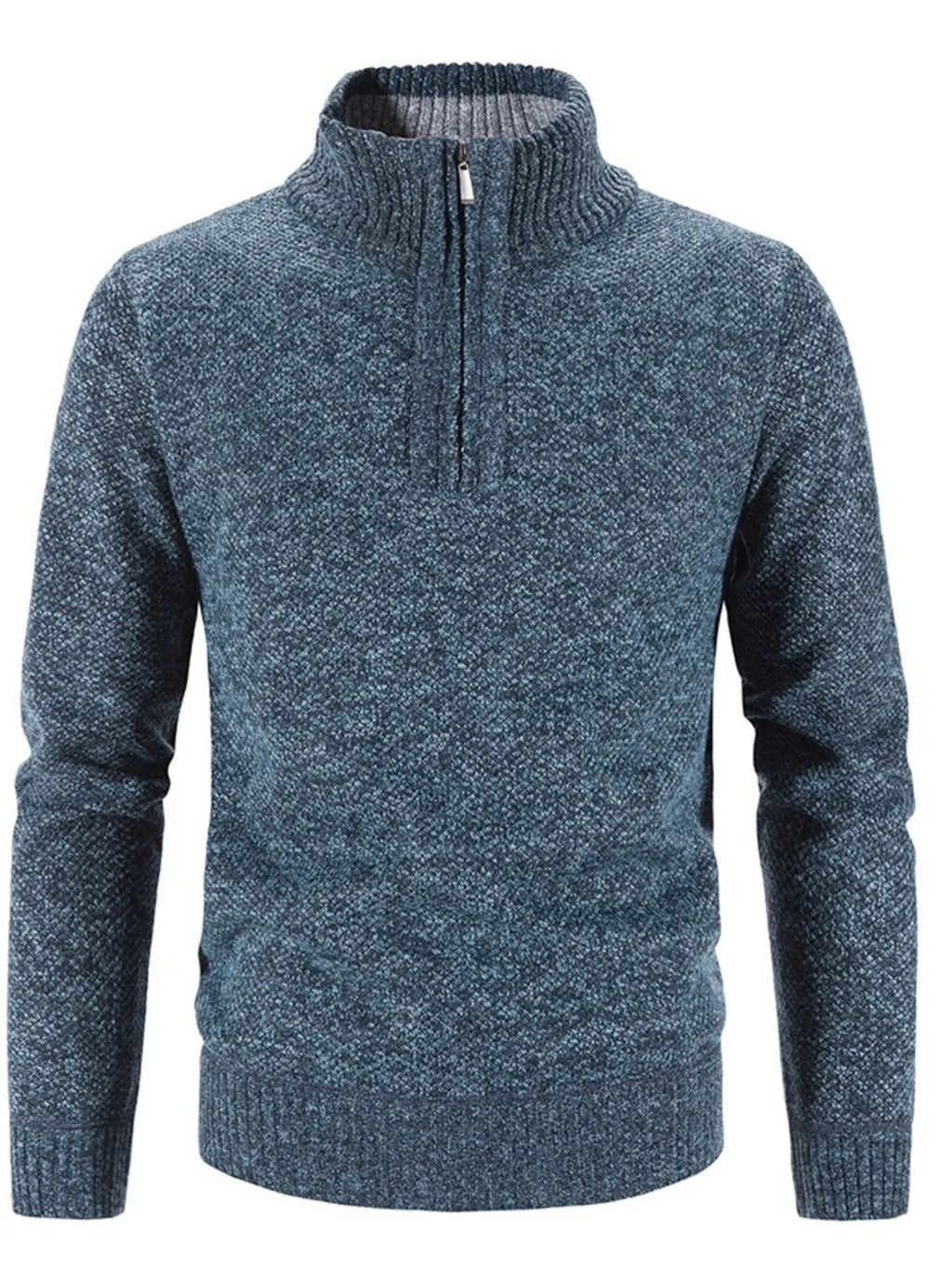 Blue gray heather quarter-zip knit sweater from the back, long sleeves, ribbed collar