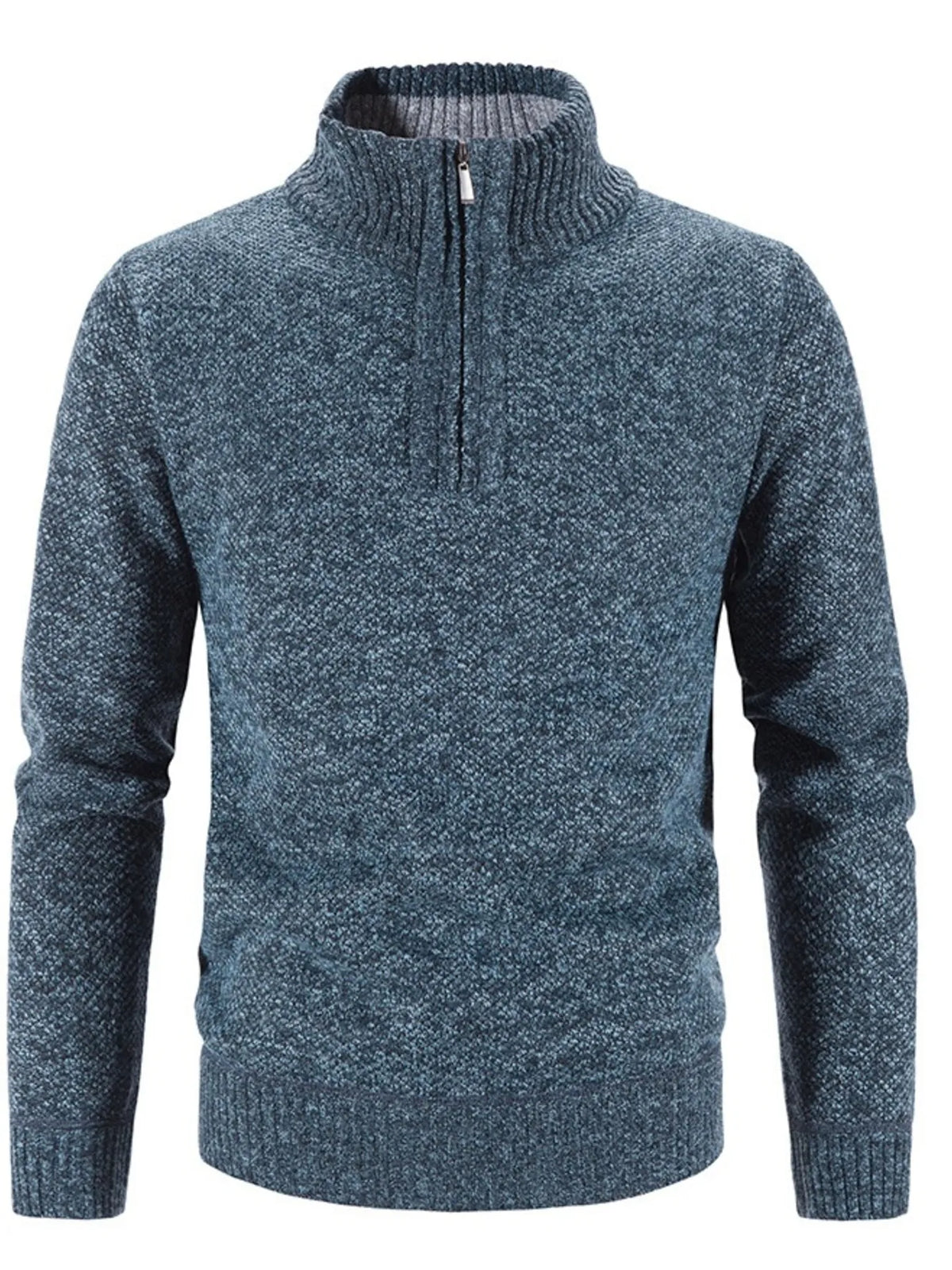 Blue gray heather quarter-zip knit sweater from the back, long sleeves, ribbed collar