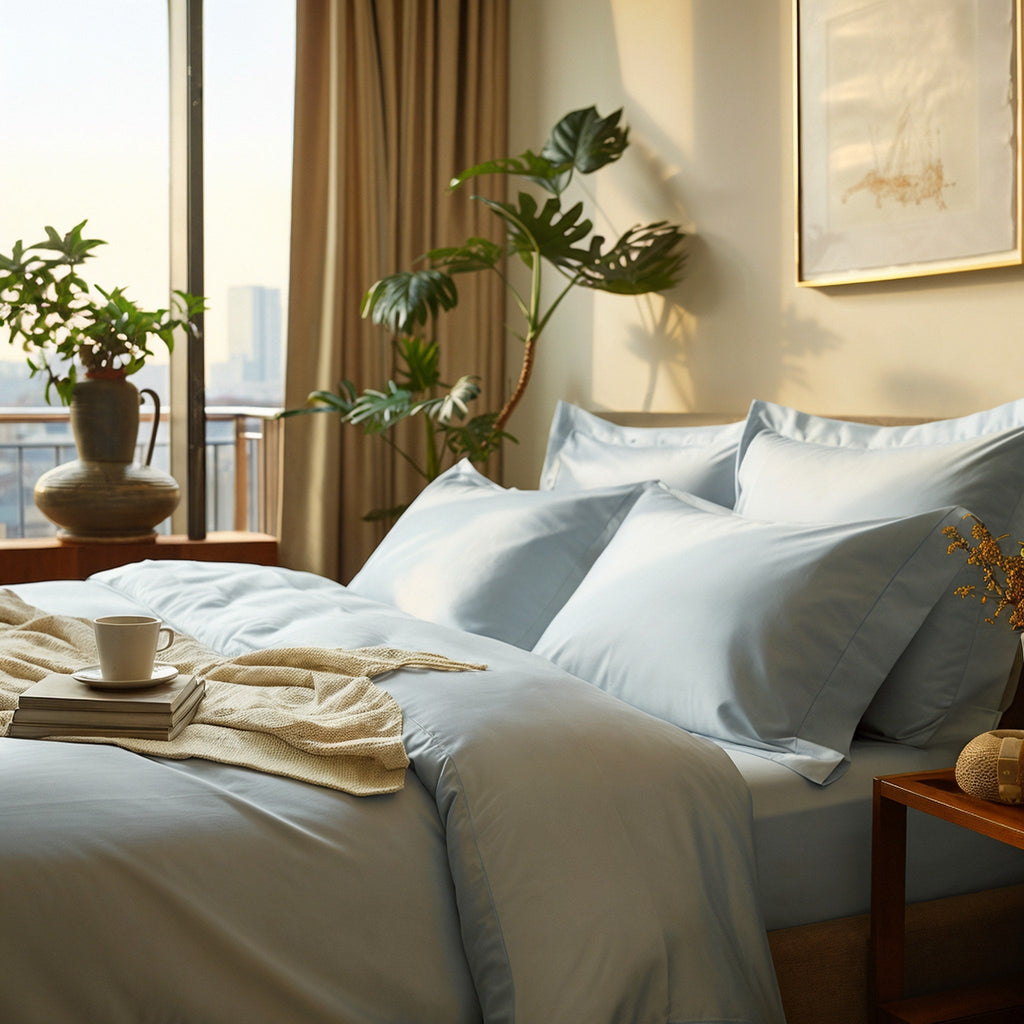 Light blue sateen sheet set with matching pillowcases on a made bed