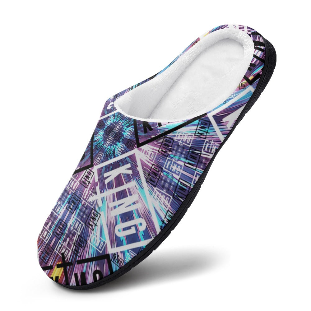 Single slip-on slipper with purple-blue tech and flag graphic print, white lining