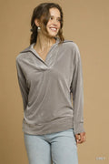 Grey long-sleeve collared thermal top with V-neck seam