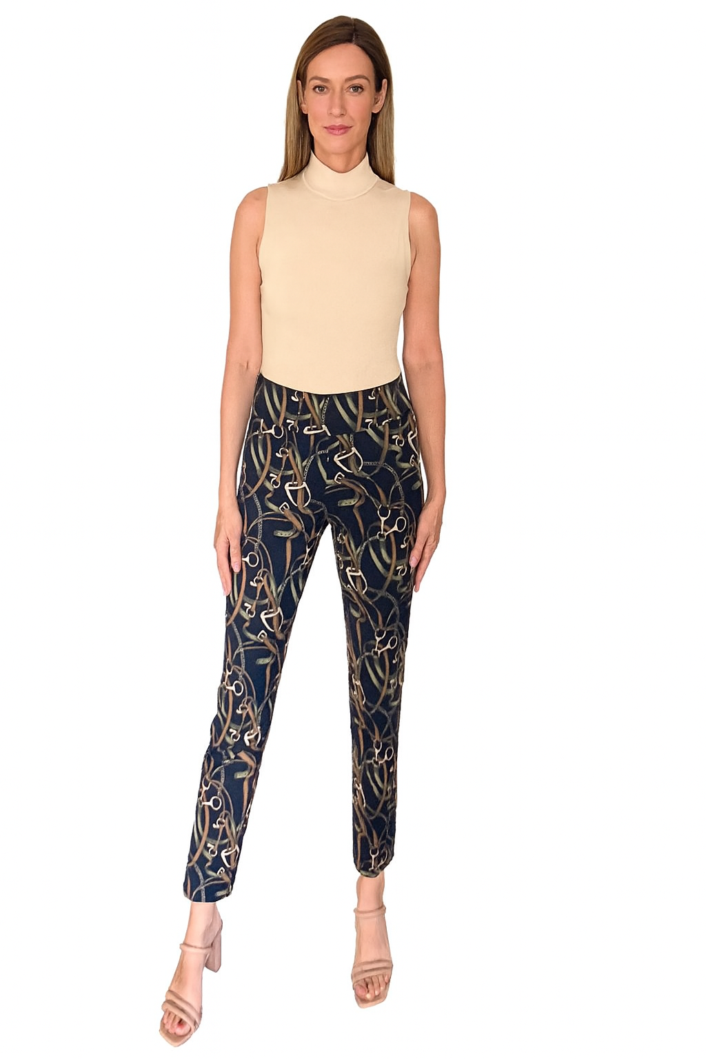 Navy pull-on ankle pants with gold link print and tapered ankle cuffs