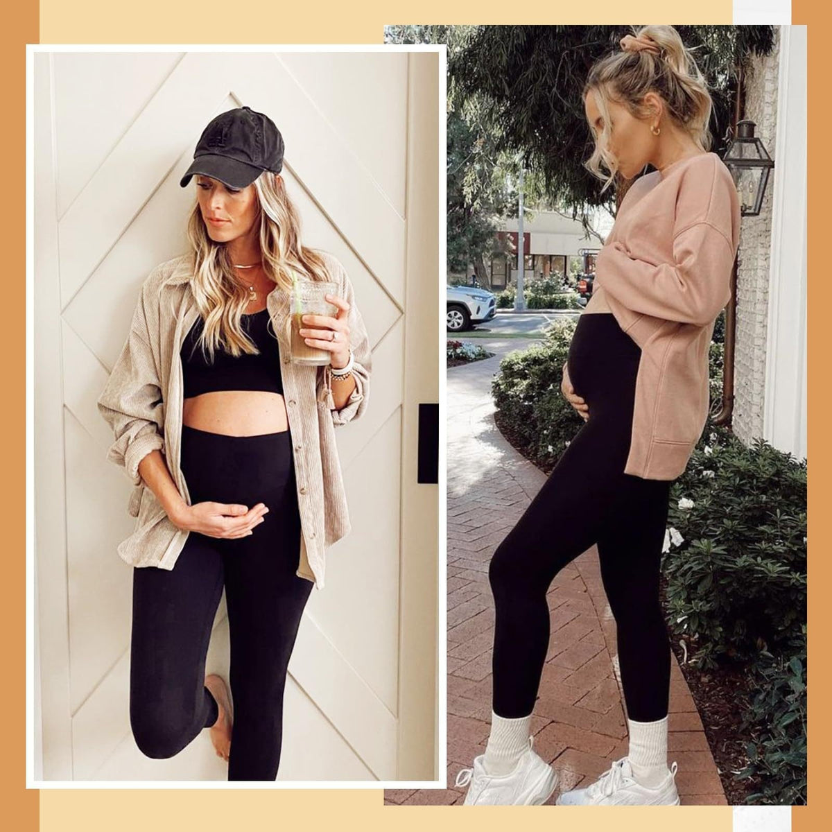 Black fleece-lined belly-support leggings, side view, full-length