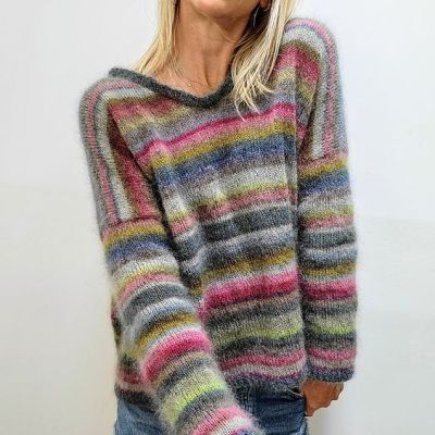 Women’s relaxed-fit V-neck knit sweater with rainbow-like multicolor stripes