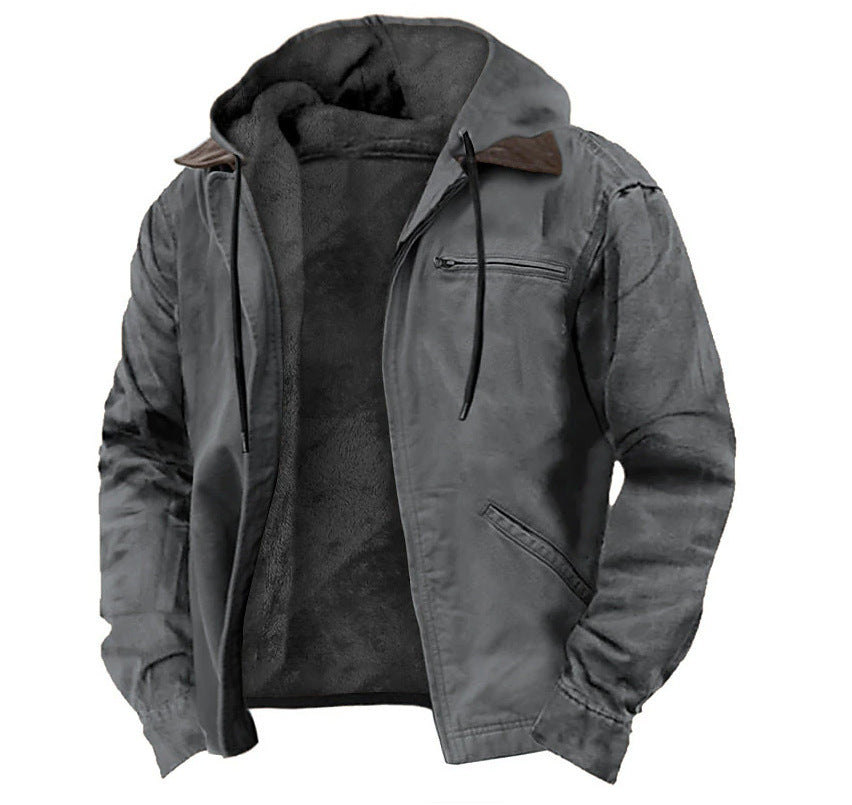 Padded hooded jacket with drawstring, dark lining, front zipper and chest pocket.