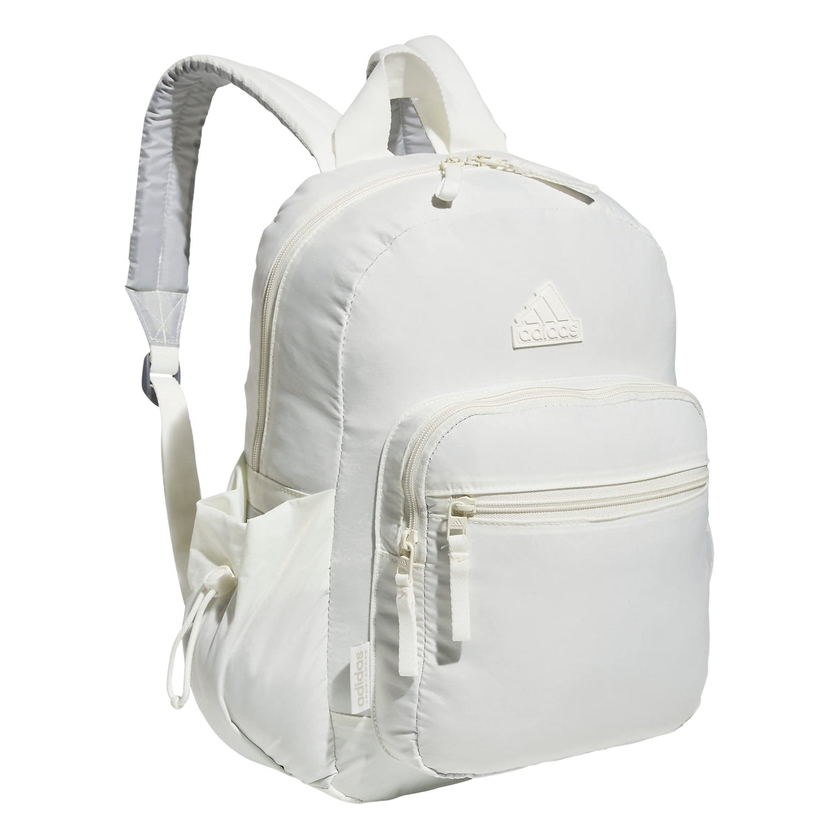Off-white compact backpack with zip front and detachable mini valuables pouch