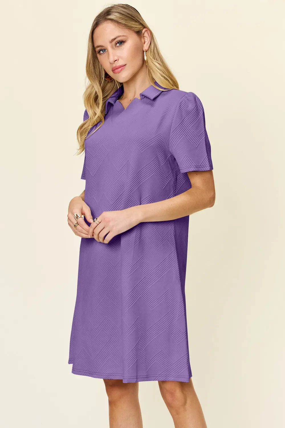 Lavender textured collared short-sleeve shift dress, front three-quarter view
