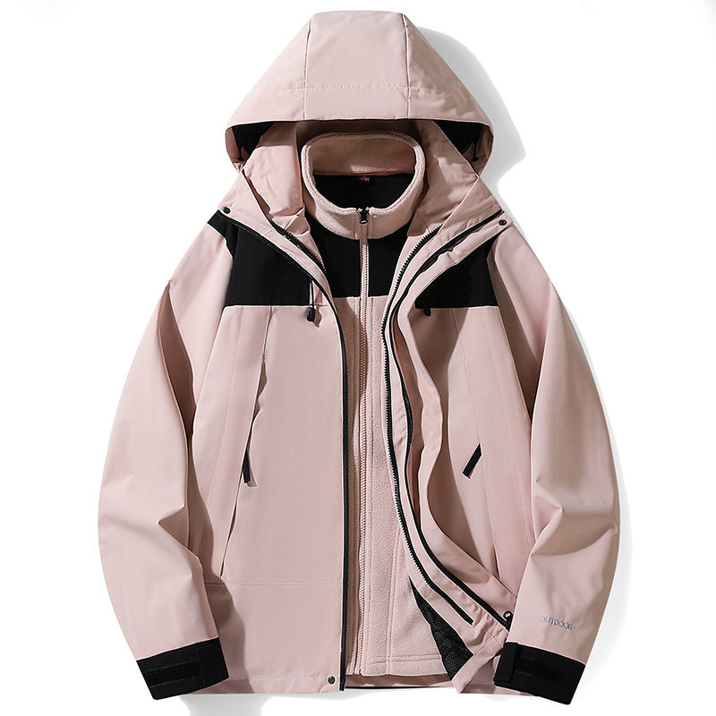 Light pink outdoor jacket with hood, full zipper, and black contrast panels