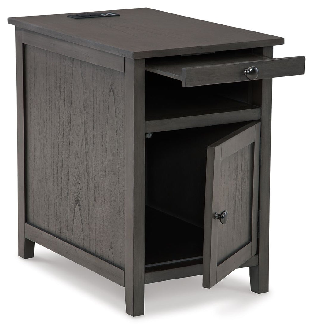 Dark gray chairside end table with open shelf and drawer front