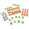 Wooden number card set with colored tiles (green, blue, red) and open tray