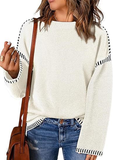 Women’s cream round-neck pullover sweater with striped cuffs and hem