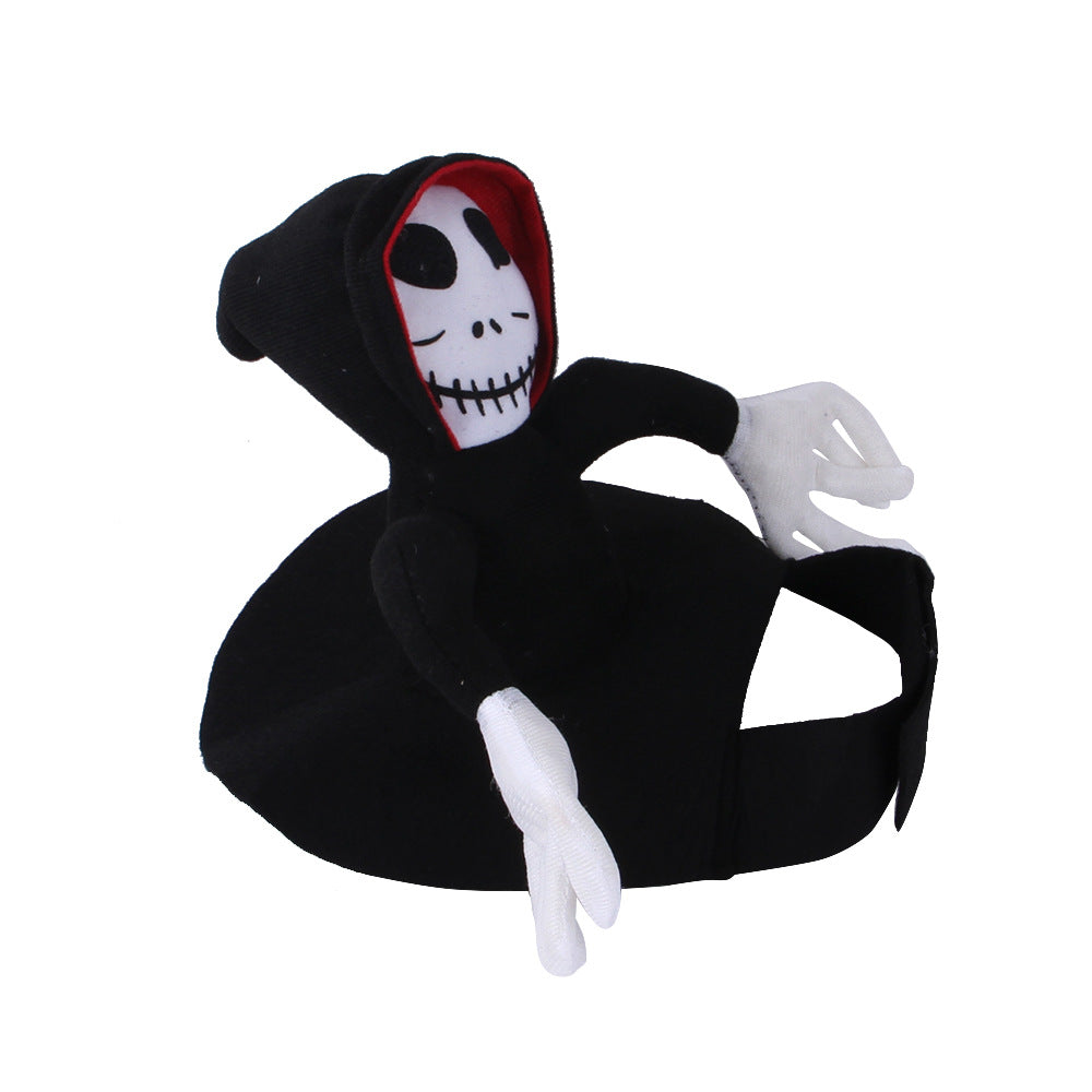 Black hooded pet costume with skull face mask, white gloves, and black cape