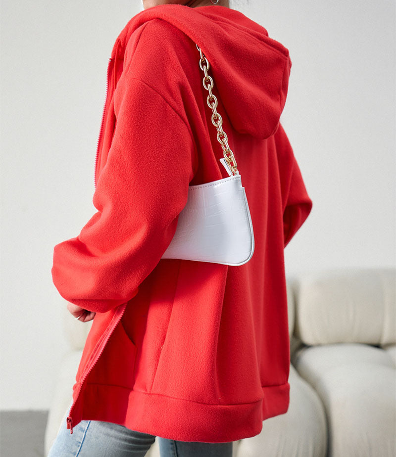 Red hooded cardigan jacket with zip front and chain strap crossbody pocket