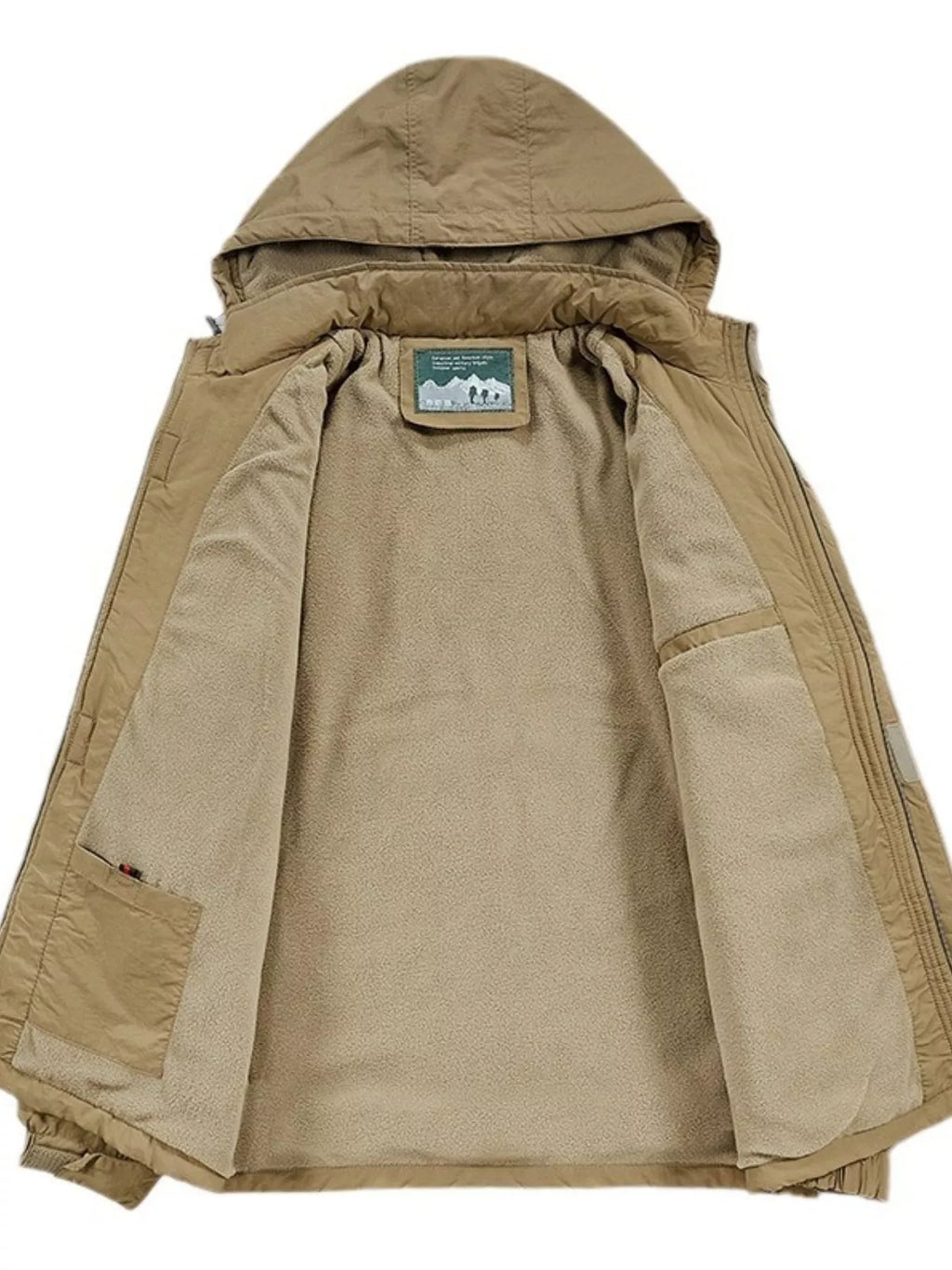 Men's waterproof hooded outdoor jacket, khaki with hood lining and zip front