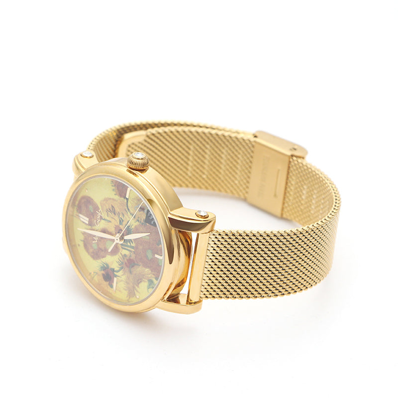 Quartz watch with gold mesh strap and sunflower art dial, round gold-tone case