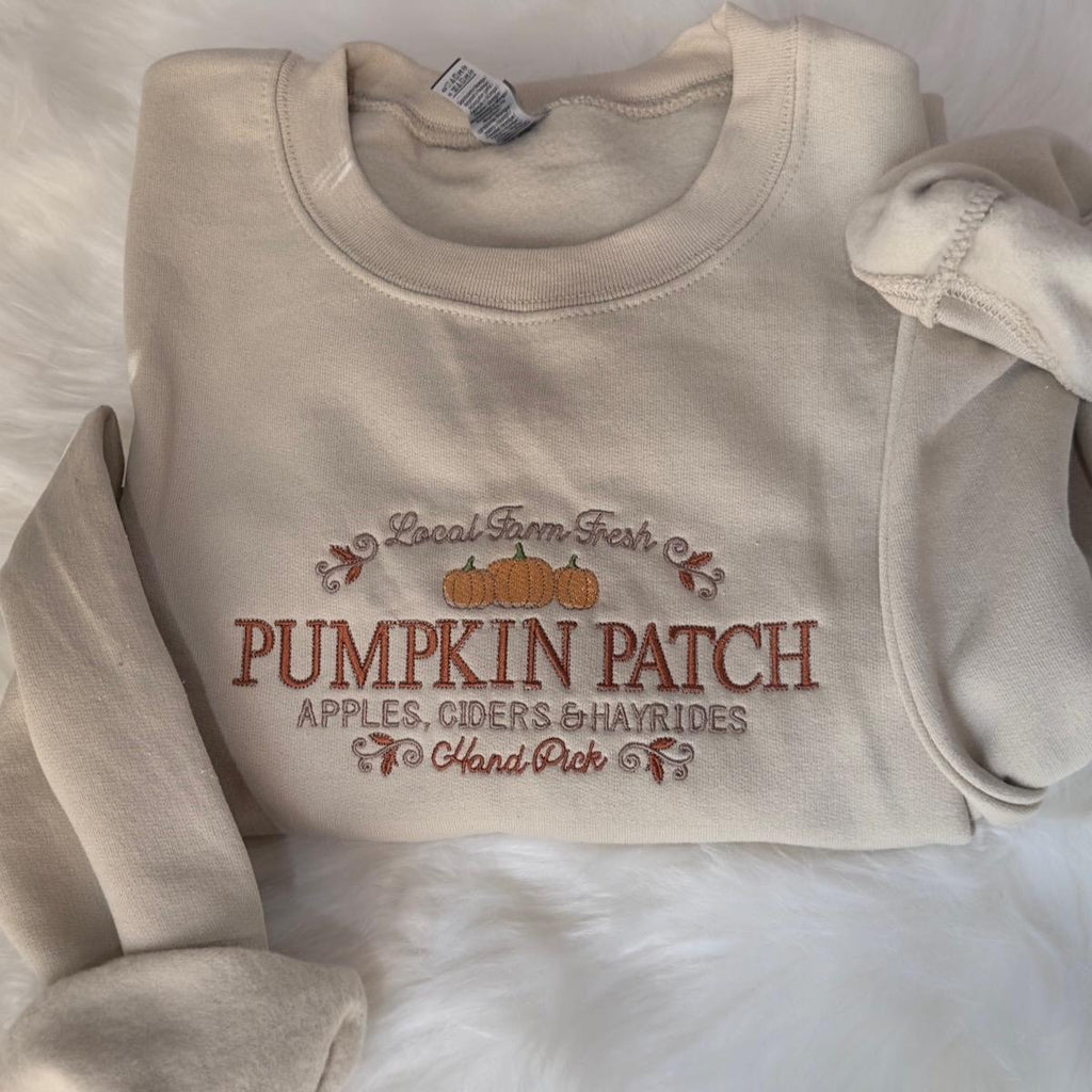 Sand sweatshirt with hood and front “Pumpkin Patch” embroidery