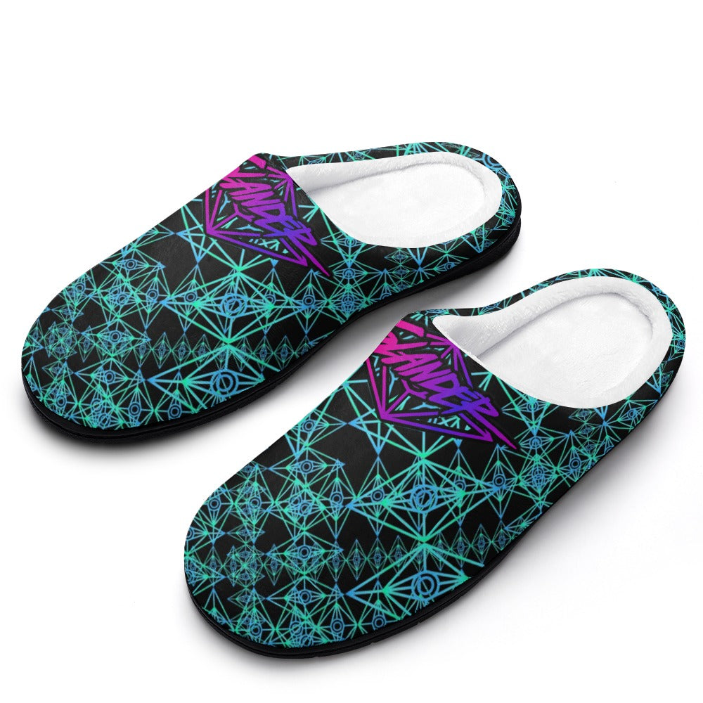 Two teal cotton slip-on slippers laid side by side with white inner lining.