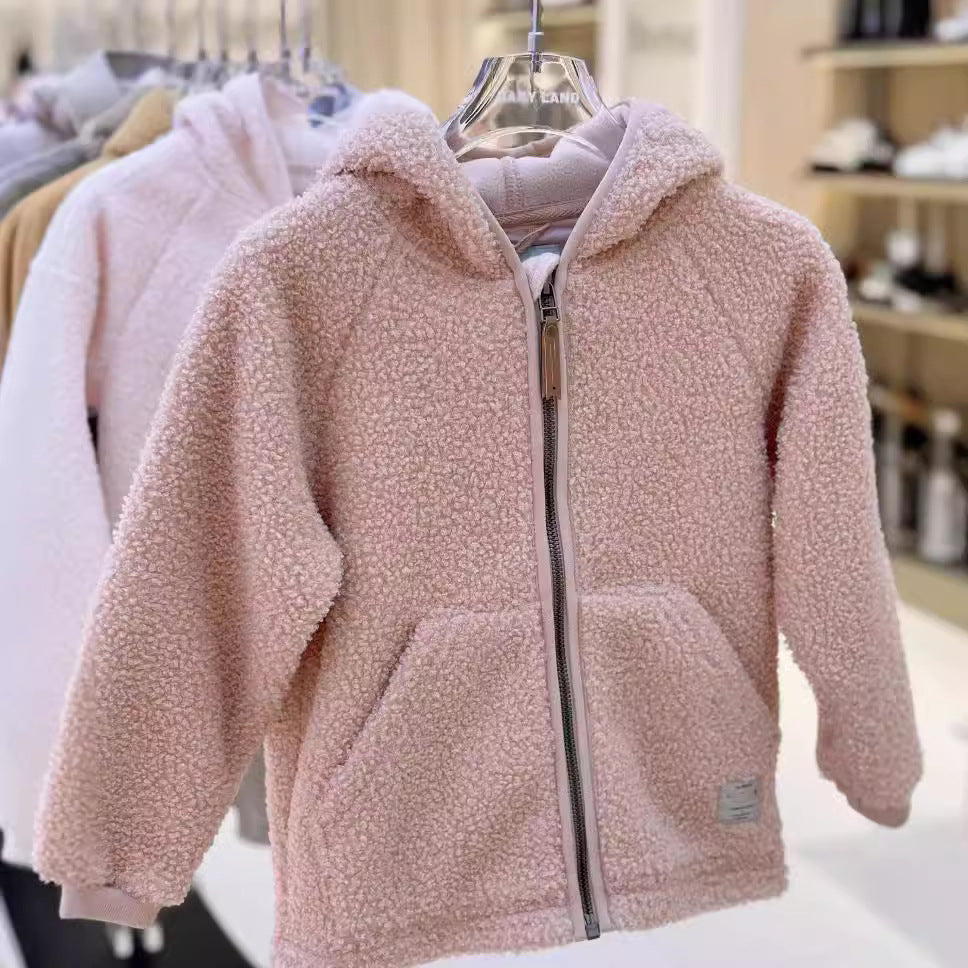 Kids fleece zip-up jacket, light pink teddy pile, stand collar, front pockets