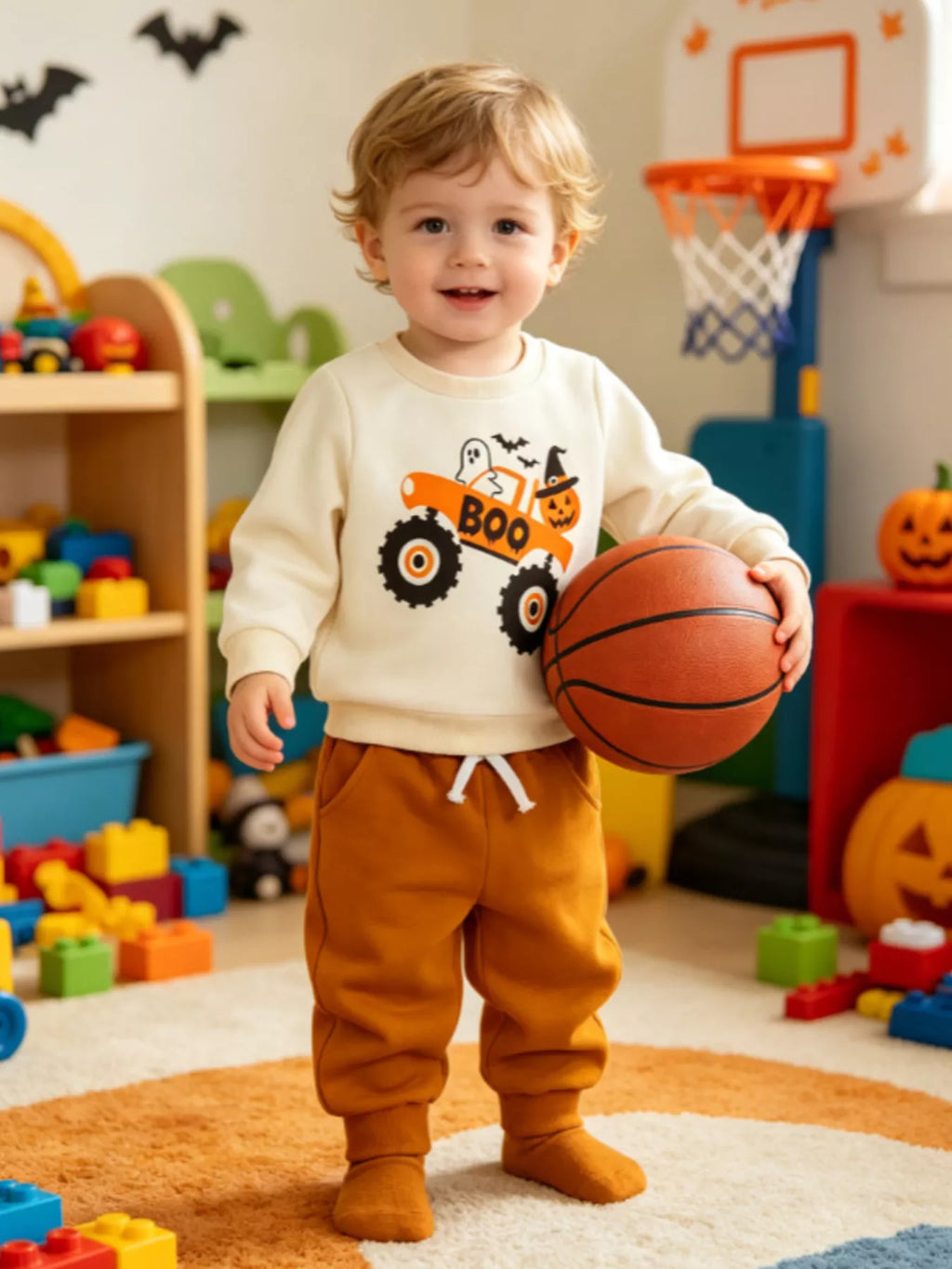 Children's sweatshirt and brown jogger pants set, off-white top with monster truck “Boo” graphic
