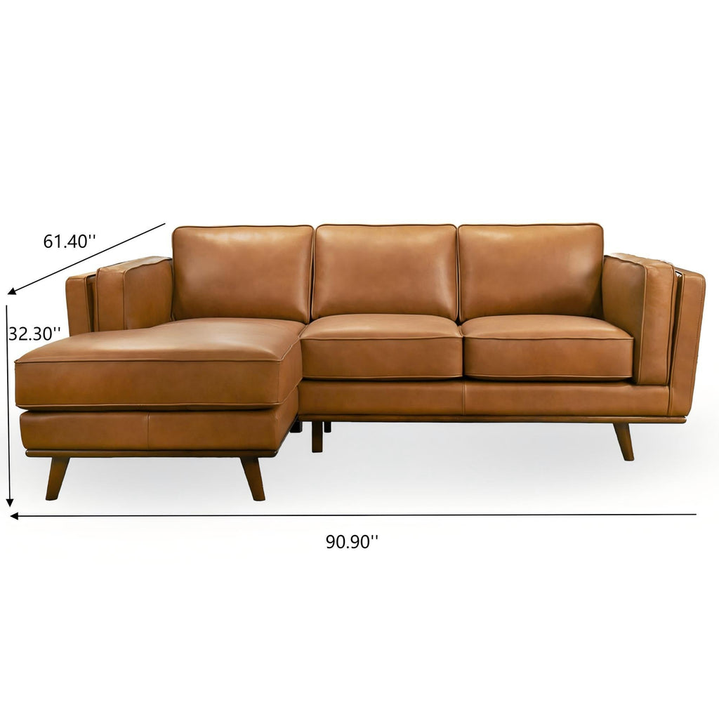 Light brown sectional sofa with chaise and labeled dimensions