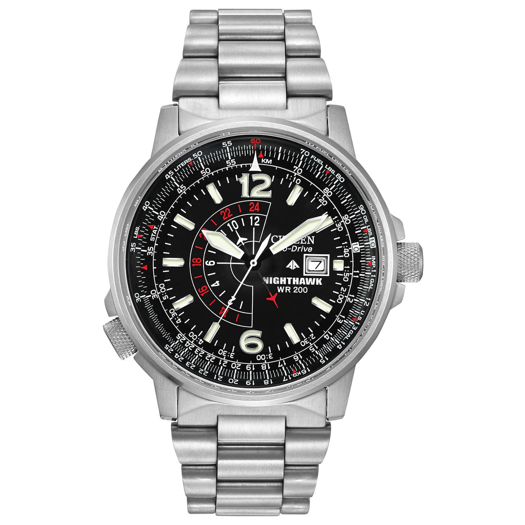 Men's stainless steel pilot watch with black luminous dial, chronograph subdials, 42mm
