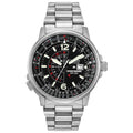Men's stainless steel pilot watch with black luminous dial, chronograph subdials, 42mm