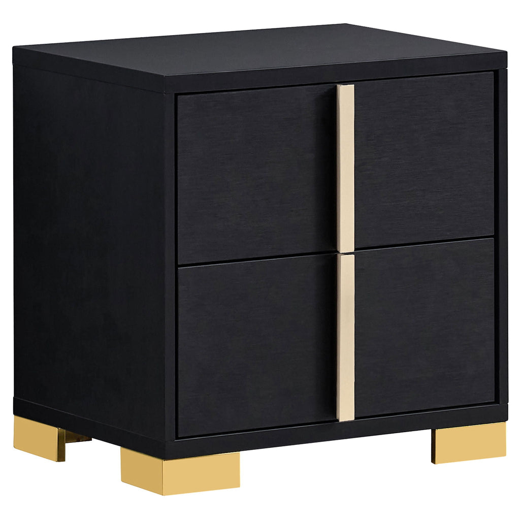 Black nightstand with two drawers and gold bar pulls on square gold-finished legs