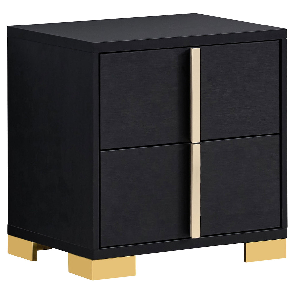 Black nightstand with two drawers and gold bar pulls on square gold-finished legs