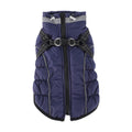 Front view fleece-lined waterproof dog coat, navy with reflective harness straps