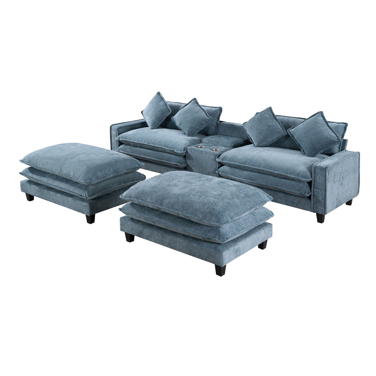 Light blue sectional sofa with removable ottomans and matching throw pillows