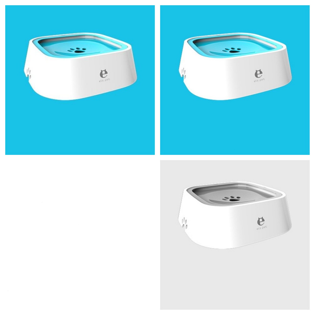 Pet water bowl with floating slow-feed tray, anti-overflow design, white with blue insert