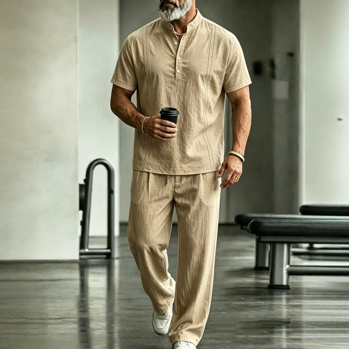 Khaki short-sleeve button shirt and matching pants set, front view