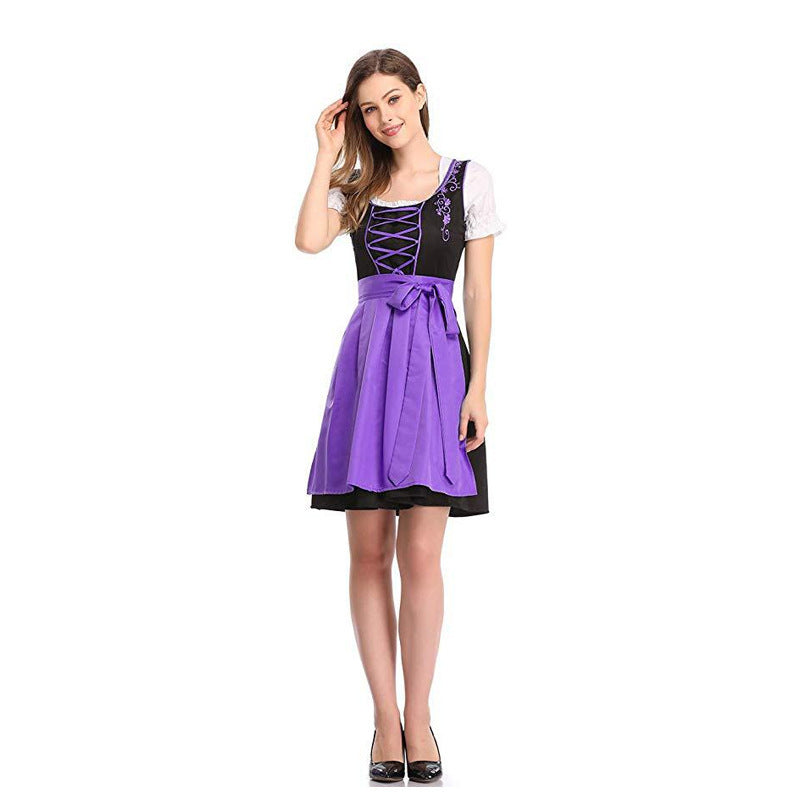 Purple corset-style Halloween dress with lace-up front, puff sleeves, and flared skirt