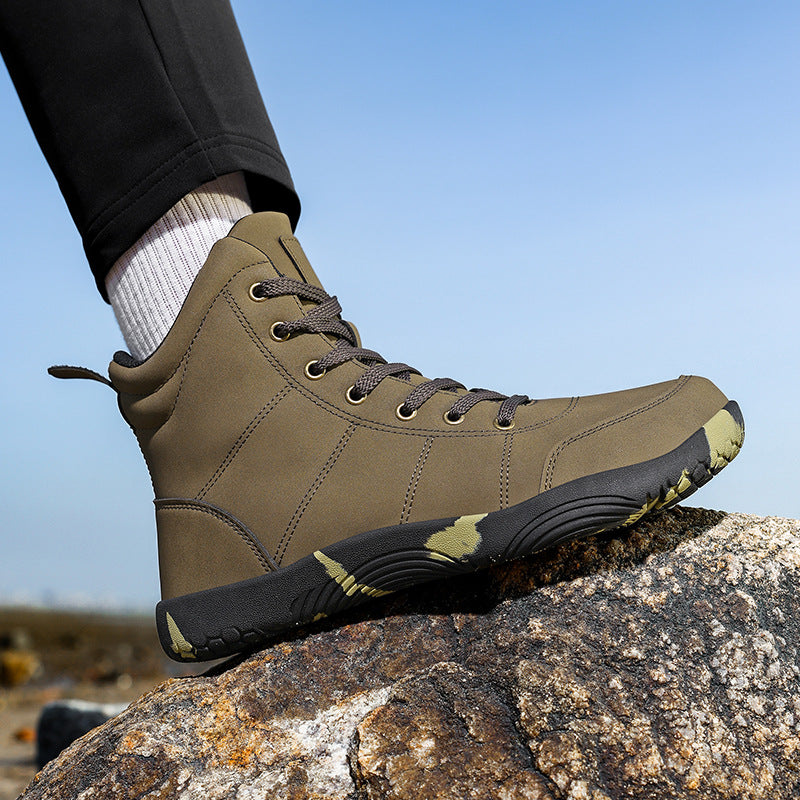 Men's tan high-top outdoor hiking shoes with lace-up design and grippy outsole