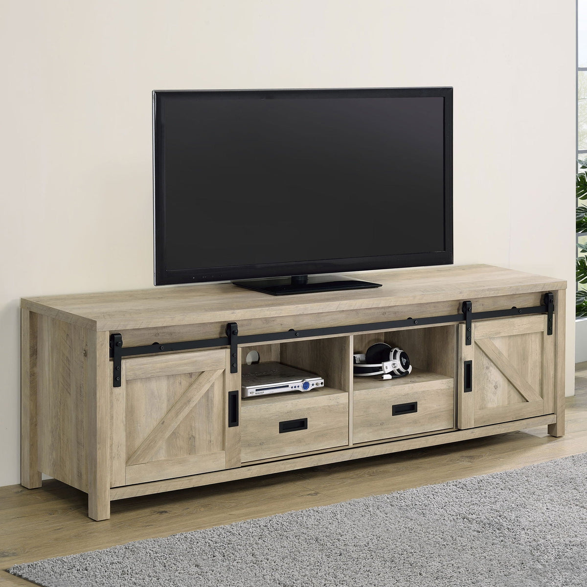 Distressed pine TV stand with open media shelf, 2 doors, and drawers